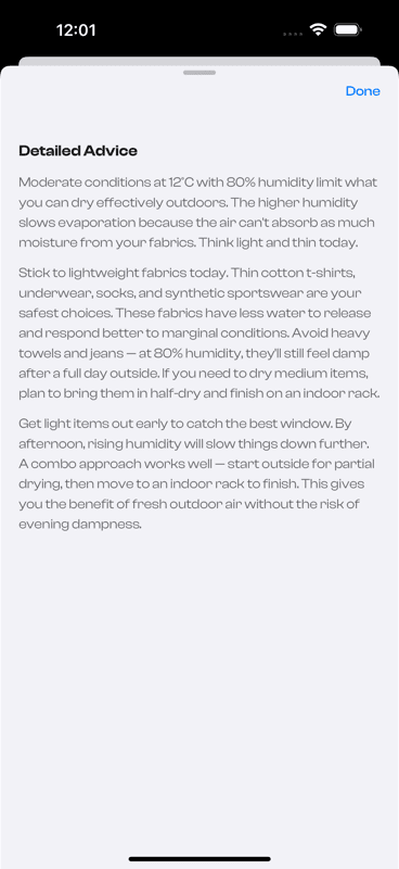 Washcast plain-English advice explaining today's drying conditions